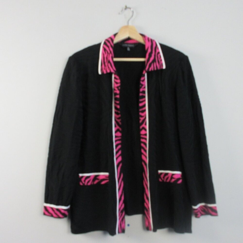 Ming Wang Women Blazer Cardigan L Black Pink Trim Acrylic Pocket Open Casual 452